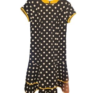 Shelby & Palmer Black and White Polka Dot Midi Dress with Yellow Accents